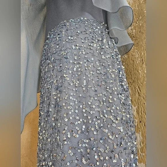 JKARA Blue Sequence Asymmetrical Cape/Shawl Flutter Sleeves Sheath Dress-Size 6P - Picture 4 of 9